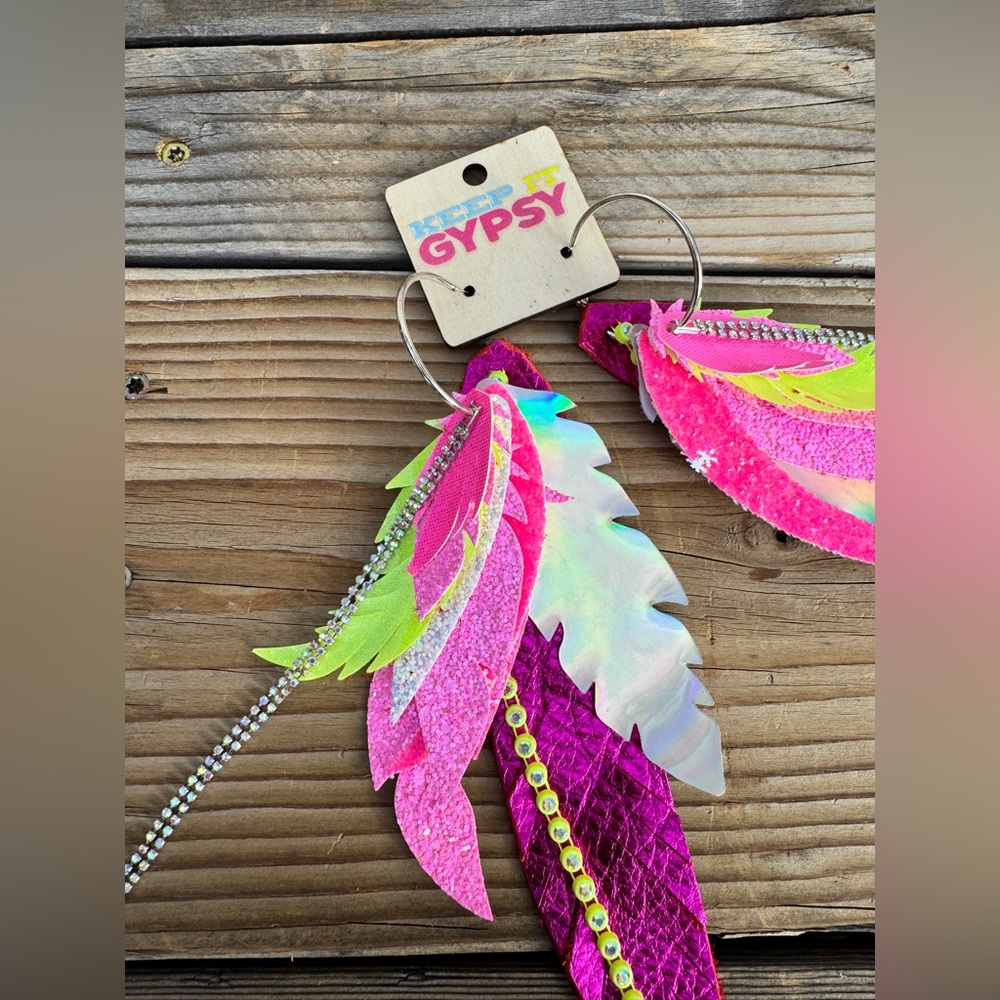 Keep It Gypsy Long Feather Earrings – Neon Pink & Yellow Western Boho Cowgirl - Picture 5 of 7